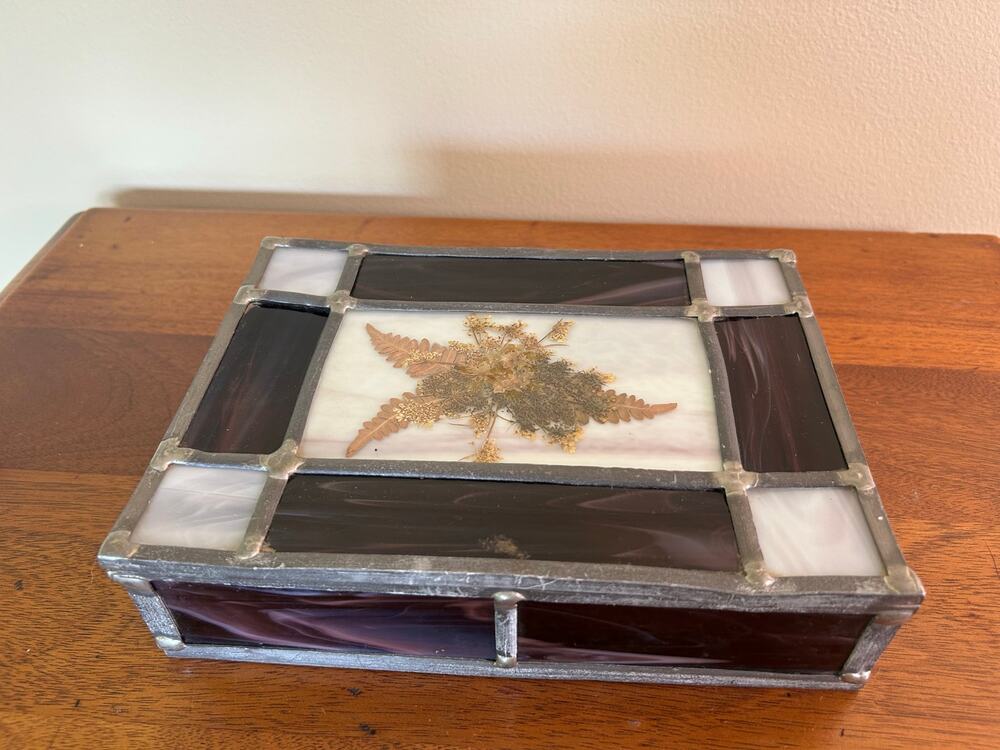 Vintage Leaded Stained Glass Jewelry Box with Pressed Foliage & Mirrored Base